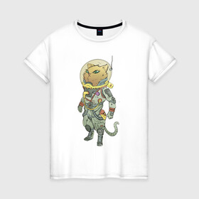 Женская футболка хлопок с принтом Рыжий космонавт в Белгороде, 100% хлопок | прямой крой, круглый вырез горловины, длина до линии бедер, слегка спущенное плечо | арт | астронавт | военный | военный космонавт | космонавт | космос | кот | котейка | кошка | рисунок | рыжая кошка | рыжий кот | рыжик | скафандр