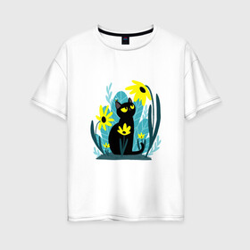Женская футболка хлопок Oversize с принтом Кот и цветок в Белгороде, 100% хлопок | свободный крой, круглый ворот, спущенный рукав, длина до линии бедер
 | арт | жёлтые цветы | жёлтый цветок | космос | кот | котейка | кошка | полевой цветок | полевые цветы | пчела | рисунок | цветок | цветы | чёрная кошка | чёрный кот | чёрный котейка