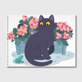 Альбом для рисования с принтом Кот, лягушка и клумба в Белгороде, 100% бумага
 | матовая бумага, плотность 200 мг. | арт | клумба | космос | кот | котейка | кошка | лягушка | рисунок | розовые цветы | розовый цветок | цветы | чёрная кошка | чёрный кот