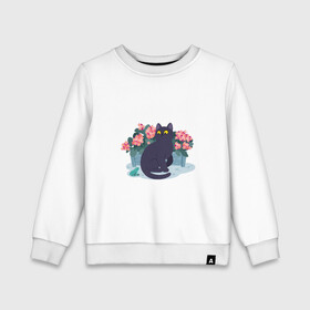 Детский свитшот хлопок с принтом Кот, лягушка и клумба в Белгороде, 100% хлопок | круглый вырез горловины, эластичные манжеты, пояс и воротник | арт | клумба | космос | кот | котейка | кошка | лягушка | рисунок | розовые цветы | розовый цветок | цветы | чёрная кошка | чёрный кот