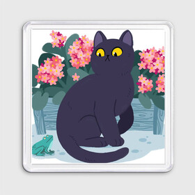 Магнит 55*55 с принтом Кот, лягушка и клумба в Белгороде, Пластик | Размер: 65*65 мм; Размер печати: 55*55 мм | Тематика изображения на принте: арт | клумба | космос | кот | котейка | кошка | лягушка | рисунок | розовые цветы | розовый цветок | цветы | чёрная кошка | чёрный кот