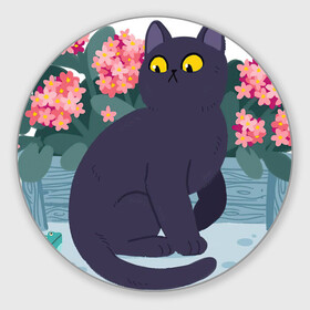 Коврик для мышки круглый с принтом Кот, лягушка и клумба в Белгороде, резина и полиэстер | круглая форма, изображение наносится на всю лицевую часть | Тематика изображения на принте: арт | клумба | космос | кот | котейка | кошка | лягушка | рисунок | розовые цветы | розовый цветок | цветы | чёрная кошка | чёрный кот