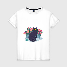 Женская футболка хлопок с принтом Кот, лягушка и клумба в Белгороде, 100% хлопок | прямой крой, круглый вырез горловины, длина до линии бедер, слегка спущенное плечо | арт | клумба | космос | кот | котейка | кошка | лягушка | рисунок | розовые цветы | розовый цветок | цветы | чёрная кошка | чёрный кот
