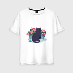 Женская футболка хлопок Oversize с принтом Кот, лягушка и клумба в Белгороде, 100% хлопок | свободный крой, круглый ворот, спущенный рукав, длина до линии бедер
 | арт | клумба | космос | кот | котейка | кошка | лягушка | рисунок | розовые цветы | розовый цветок | цветы | чёрная кошка | чёрный кот