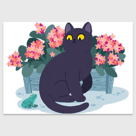 Поздравительная открытка с принтом Кот, лягушка и клумба в Белгороде, 100% бумага | плотность бумаги 280 г/м2, матовая, на обратной стороне линовка и место для марки
 | Тематика изображения на принте: арт | клумба | космос | кот | котейка | кошка | лягушка | рисунок | розовые цветы | розовый цветок | цветы | чёрная кошка | чёрный кот