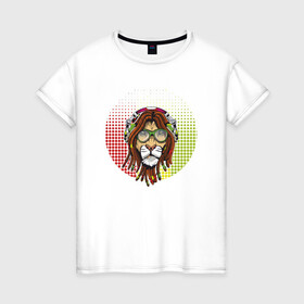 Женская футболка хлопок с принтом Reggae Lion в Белгороде, 100% хлопок | прямой крой, круглый вырез горловины, длина до линии бедер, слегка спущенное плечо | animal | cat | lion | reggae | африка | животные | зверь | кот | кошка | лев | львенок | львица | музыка | регги | тигр | хищник | царь | ямайка. jamaica