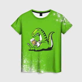 Женская футболка 3D с принтом Пивозавр - Краска в Белгороде, 100% полиэфир ( синтетическое хлопкоподобное полотно) | прямой крой, круглый вырез горловины, длина до линии бедер | dinosaur | pivo | pivozavr | взрыв | динозавр | краска | прикол