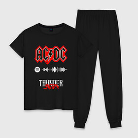 Женская пижама хлопок с принтом AC DC THUNDERSTRUCK SPOTIFY в Белгороде, 100% хлопок | брюки и футболка прямого кроя, без карманов, на брюках мягкая резинка на поясе и по низу штанин | Тематика изображения на принте: ac dc | angus young | back in black | brian johnson | hells bells | highway to hell | rock | spotify | thunderstruck | tnt | ангус янг | брайан джонсон | группа | музыка | рок | спотифай. | эйси диси