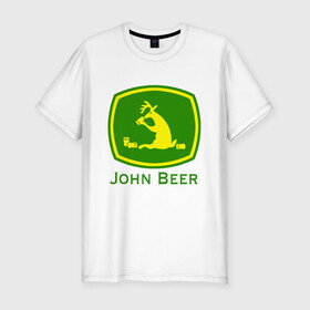 Мужская футболка хлопок Slim с принтом JOHN BEER / ДЖОН ПИВО в Белгороде, 92% хлопок, 8% лайкра | приталенный силуэт, круглый вырез ворота, длина до линии бедра, короткий рукав | beer | john deer | алкаш | джон бир. | прикол | смешная надпись | цитата | юмор