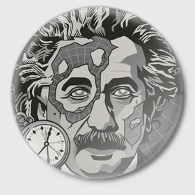 Значок с принтом Альберт Эйнштейн в Белгороде,  металл | круглая форма, металлическая застежка в виде булавки | Тематика изображения на принте: арт | время | рисунок | учёный | часы | чёрно белый | черно белый рисунок | эйнштейн