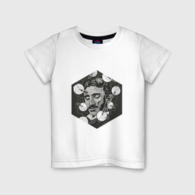 Детская футболка хлопок с принтом Никола Тесла в Белгороде, 100% хлопок | круглый вырез горловины, полуприлегающий силуэт, длина до линии бедер | арт | лампочка | лампочки | никола тесла | рисунок | тесла | учёный | чёрно белый | черно белый рисунок | электричество