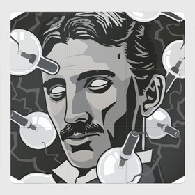 Магнитный плакат 3Х3 с принтом Никола Тесла в Белгороде, Полимерный материал с магнитным слоем | 9 деталей размером 9*9 см | арт | лампочка | лампочки | никола тесла | рисунок | тесла | учёный | чёрно белый | черно белый рисунок | электричество
