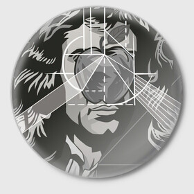 Значок с принтом Исаак Ньютон в Белгороде,  металл | круглая форма, металлическая застежка в виде булавки | Тематика изображения на принте: арт | исаак ньютон | ньютон | рисунок | учёный | физик | физика | чёрно белый | черно белый рисунок | яблоко