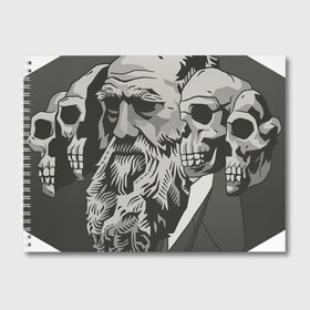 Альбом для рисования с принтом Чарльз Дарвин в Белгороде, 100% бумага
 | матовая бумага, плотность 200 мг. | Тематика изображения на принте: арт | дарвин | рисунок | учёный | чарльз дарвин | череп | черепа | чёрно белый | черно белый рисунок | эволюция