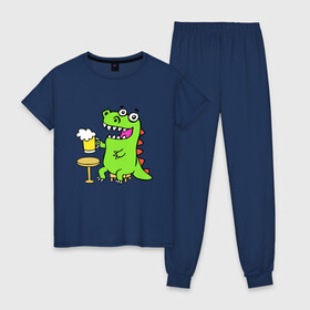 Женская пижама хлопок с принтом Пивозавр в Белгороде, 100% хлопок | брюки и футболка прямого кроя, без карманов, на брюках мягкая резинка на поясе и по низу штанин | dinosaur | pivo | pivozavr | динозавр | прикол