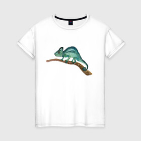 Женская футболка хлопок с принтом Зеленый хамелеон на ветке в Белгороде, 100% хлопок | прямой крой, круглый вырез горловины, длина до линии бедер, слегка спущенное плечо | chameleon | green | lizard | reptile | torqoise | акварель | акварельный | бирюзовый | ветка | зеленый | иллюстрация | на ветке | скетч | хамелеон | ящерица