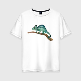 Женская футболка хлопок Oversize с принтом Зеленый хамелеон на ветке в Белгороде, 100% хлопок | свободный крой, круглый ворот, спущенный рукав, длина до линии бедер
 | chameleon | green | lizard | reptile | torqoise | акварель | акварельный | бирюзовый | ветка | зеленый | иллюстрация | на ветке | скетч | хамелеон | ящерица