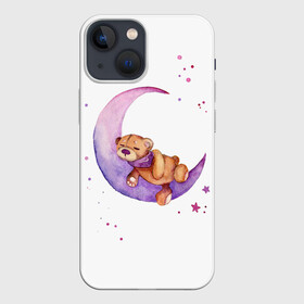 Чехол для iPhone 13 mini с принтом Плюшевый мишка спит на луне в Белгороде,  |  | bedtime | dream | moon | night | sleep | stars | teddy bear | акварель | акварельный | детский | дизайн | звездный | звезды | игрушка | луна | малыш | малышковый | медведь | милый | мишка | ночь | плюшевый | розовый | сиреневый