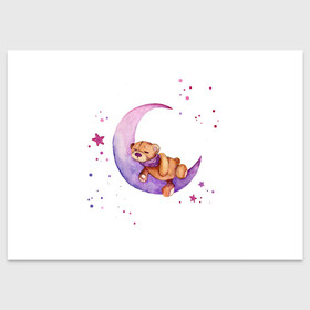 Поздравительная открытка с принтом Плюшевый мишка спит на луне в Белгороде, 100% бумага | плотность бумаги 280 г/м2, матовая, на обратной стороне линовка и место для марки
 | bedtime | dream | moon | night | sleep | stars | teddy bear | акварель | акварельный | детский | дизайн | звездный | звезды | игрушка | луна | малыш | малышковый | медведь | милый | мишка | ночь | плюшевый | розовый | сиреневый