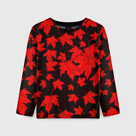 Детский лонгслив 3D с принтом осенние листья в Белгороде, 100% полиэстер | длинные рукава, круглый вырез горловины, полуприлегающий силуэт
 | клён | кленовые | красный | красный на черном | листва | листопад | листья | листья падают | осенние | осень | черный