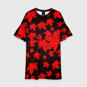 Детское платье 3D с принтом осенние листья в Белгороде, 100% полиэстер | прямой силуэт, чуть расширенный к низу. Круглая горловина, на рукавах — воланы | Тематика изображения на принте: клён | кленовые | красный | красный на черном | листва | листопад | листья | листья падают | осенние | осень | черный