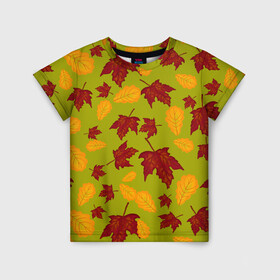 Детская футболка 3D с принтом осенние листья клён и дуб в Белгороде, 100% гипоаллергенный полиэфир | прямой крой, круглый вырез горловины, длина до линии бедер, чуть спущенное плечо, ткань немного тянется | дуб | клён | кленовые | красный | красный на черном | листва | листопад | листья | листья падают | осенние | осень | черный