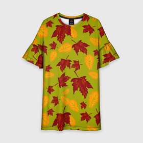 Детское платье 3D с принтом осенние листья клён и дуб в Белгороде, 100% полиэстер | прямой силуэт, чуть расширенный к низу. Круглая горловина, на рукавах — воланы | Тематика изображения на принте: дуб | клён | кленовые | красный | красный на черном | листва | листопад | листья | листья падают | осенние | осень | черный
