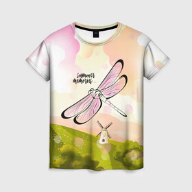 Женская футболка 3D с принтом Стрекоза. Воспоминания о лете в Белгороде, 100% полиэфир ( синтетическое хлопкоподобное полотно) | прямой крой, круглый вырез горловины, длина до линии бедер | лето | насекомое | небо | облака | пейзаж | поле | стрекоза