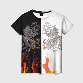 Женская футболка 3D с принтом Драконы Черный и Белый | Огонь в Белгороде, 100% полиэфир ( синтетическое хлопкоподобное полотно) | прямой крой, круглый вырез горловины, длина до линии бедер | beast | dragon | fire | дракон | животные | зверь | змей | когти | огонь | пламя | узор | чб | японский