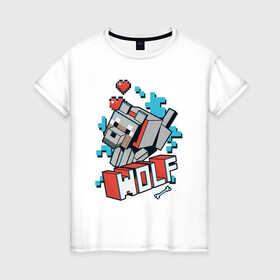 Женская футболка хлопок с принтом Майнкрафт Волк, Minecraft Wolf в Белгороде, 100% хлопок | прямой крой, круглый вырез горловины, длина до линии бедер, слегка спущенное плечо | 2d | hp | minecraft | wolf | волк | выживай | исследуй | кость | майнкрафт | пиксели | сердечки | сердце | создавай | хп