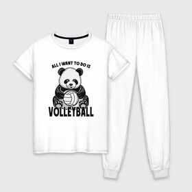 Женская пижама хлопок с принтом Volleyball Panda в Белгороде, 100% хлопок | брюки и футболка прямого кроя, без карманов, на брюках мягкая резинка на поясе и по низу штанин | ball | beach | game | panda | sport | volley | volleyball | волейбол | волейболист | волейболистка | гол | животные | игра | игрок | медведь | мяч | панда | площадка | пляж | пляжный | победа | сетка | спорт | тренер | чемпион