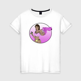 Женская футболка хлопок с принтом Кофе и револьвер в Белгороде, 100% хлопок | прямой крой, круглый вырез горловины, длина до линии бедер, слегка спущенное плечо | девушка | кофе | револьвер | стардакс | утро