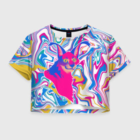Женская футболка Crop-top 3D с принтом Floppa Art в Белгороде, 100% полиэстер | круглая горловина, длина футболки до линии талии, рукава с отворотами | flopa | floppa | каракал | кот мем | мем с котом | русский кот | шлёпа