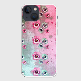 Чехол для iPhone 13 mini с принтом Акварельный камуфляж с цветами в Белгороде,  |  | акварель | акварельный | анютины глазки | градиент | женственный | камуфляж | разводы | разноцветный | фиалки | цветочки | цветочный | цветы