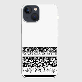 Чехол для iPhone 13 mini с принтом Черно белый цветочный принт в Белгороде,  |  | белый | детский | для девушек | кайма | летний | ромашки | цветочный | цветы | черно белый | черный