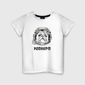 Детская футболка хлопок с принтом Мопс-космонавт в Белгороде, 100% хлопок | круглый вырез горловины, полуприлегающий силуэт, длина до линии бедер | Тематика изображения на принте: астронавт | космонавт | космос | мопс | надпись | собака