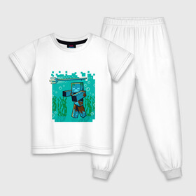 Детская пижама хлопок с принтом Утопленник (Drowne) Майнкрафт в Белгороде, 100% хлопок |  брюки и футболка прямого кроя, без карманов, на брюках мягкая резинка на поясе и по низу штанин
 | maincraft | mob | pixel | unit | водоросли | зомби | маинкрафт | майнкрафт | моб | персонаж | пиксели | подводный | трезубец | тризубец | утопленник
