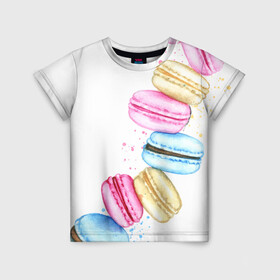 Детская футболка 3D с принтом Macarons. Нежный десерт в Белгороде, 100% гипоаллергенный полиэфир | прямой крой, круглый вырез горловины, длина до линии бедер, чуть спущенное плечо, ткань немного тянется | Тематика изображения на принте: акварель | акварельные | десерт | десерты | макаронс | макаруны | пирожное | пирожные | разноцветные | сладости