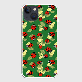 Чехол для iPhone 13 с принтом Божьи коровки на зеленом фоне в Белгороде,  |  | autumn | beetles | childrens | green | hide and seek | insects | ladybugs | leaves | play | print | red | summer | watch | yellow | божьи коровки | детский | желтые | жуки | зеленые | играют | красные | лето | листья | насекомые | осень | принт | прятки |