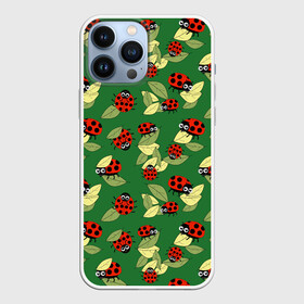 Чехол для iPhone 13 Pro Max с принтом Божьи коровки на зеленом фоне в Белгороде,  |  | autumn | beetles | childrens | green | hide and seek | insects | ladybugs | leaves | play | print | red | summer | watch | yellow | божьи коровки | детский | желтые | жуки | зеленые | играют | красные | лето | листья | насекомые | осень | принт | прятки |