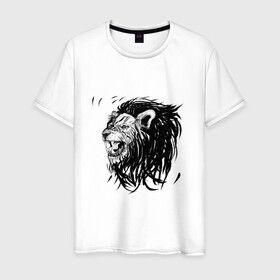 Мужская футболка хлопок с принтом Лев в Белгороде, 100% хлопок | прямой крой, круглый вырез горловины, длина до линии бедер, слегка спущенное плечо. | animal | animalistic | art | black | cat | drawing | illustration | lions | агрессивно