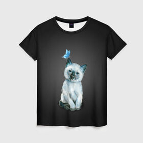 Женская футболка 3D с принтом Тайский котенок с бабочкой в Белгороде, 100% полиэфир ( синтетическое хлопкоподобное полотно) | прямой крой, круглый вырез горловины, длина до линии бедер | акварель | бабочка | кот | котенок | котик | кошечка | кошка | смешной | тайский | темный