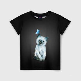 Детская футболка 3D с принтом Тайский котенок с бабочкой в Белгороде, 100% гипоаллергенный полиэфир | прямой крой, круглый вырез горловины, длина до линии бедер, чуть спущенное плечо, ткань немного тянется | акварель | бабочка | кот | котенок | котик | кошечка | кошка | смешной | тайский | темный