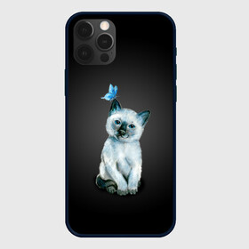 Чехол для iPhone 12 Pro с принтом Тайский котенок с бабочкой в Белгороде, силикон | область печати: задняя сторона чехла, без боковых панелей | Тематика изображения на принте: акварель | бабочка | кот | котенок | котик | кошечка | кошка | смешной | тайский | темный