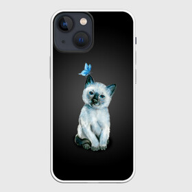 Чехол для iPhone 13 mini с принтом Тайский котенок с бабочкой в Белгороде,  |  | Тематика изображения на принте: акварель | бабочка | кот | котенок | котик | кошечка | кошка | смешной | тайский | темный