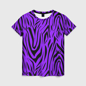 Женская футболка 3D с принтом Абстрактный узор зебра  в Белгороде, 100% полиэфир ( синтетическое хлопкоподобное полотно) | прямой крой, круглый вырез горловины, длина до линии бедер | абстрактный | женский | зебра | креативный | модный | полосы | популярный | современный | черный и фиолетовый