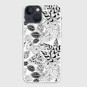Чехол для iPhone 13 mini с принтом Черно белый узор Тропики в Белгороде,  |  | абстрактный | листья | модный | популярный | рисунок | скетч | тропический узор | цветы | черный и белый | экзотические растения