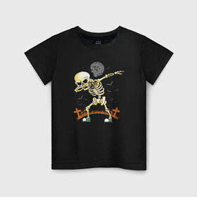 Детская футболка хлопок с принтом Halloween Dab в Белгороде, 100% хлопок | круглый вырез горловины, полуприлегающий силуэт, длина до линии бедер | bat | bones | cross | dab | gesture | halloween | hype | moon | night | skeleton | жест | кости | крест | летучая мышь | луна | ночь | скелет | хайп | хэллоуин