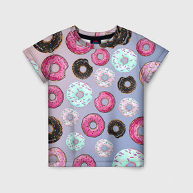 Детская футболка 3D с принтом Пончики в Белгороде, 100% гипоаллергенный полиэфир | прямой крой, круглый вырез горловины, длина до линии бедер, чуть спущенное плечо, ткань немного тянется | еда | пончик с глазурью | пончики | розовая глазурь | шоколадный пончик