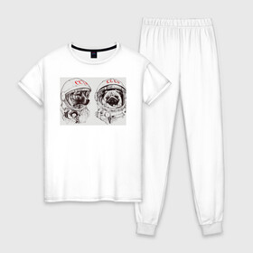 Женская пижама хлопок с принтом Собаки - космонавты в Белгороде, 100% хлопок | брюки и футболка прямого кроя, без карманов, на брюках мягкая резинка на поясе и по низу штанин | в тренде. | космос | собаки | собаки на белом фоне | ссср